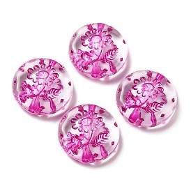 Transparent Acrylic Beads, Flat Round with Flower