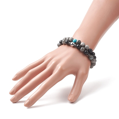 Natural Black Stone & Picasso Jasper & Labradorite & Synthetic Turquois & Non-Magnetic Synthetic Hematite Beaded Stretch Bracelets Sets for Women