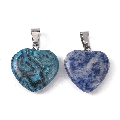 Pendentifs coeur de pierre gemme, avec les accessoires en laiton de tonalité de platine, 20~22x20~21x5~8mm, Trou: 2x7mm