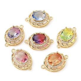 Brass K9 Glass Connector Charms, with Crystal Rhinestone, Light Gold Tone Flat Round Links
