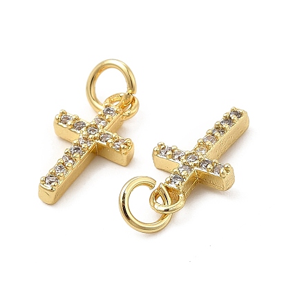 Brass Micro Pave Cubic Zirconia Charms, with Jump Ring, Religion Cross Charm