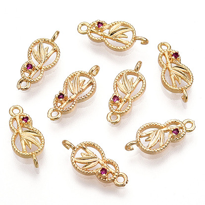 Brass Connector Charms, with Cerise Glass, Peanut Links with Leaf