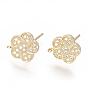 Brass Stud Earring Findings, with Cubic Zirconia and Loop, Flower, Clear