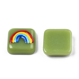 Opaque Resin Enamel Cabochons, Square with Colorful Rainbow