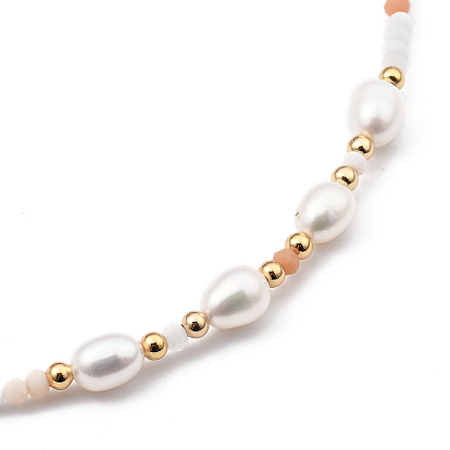 Colliers de perles, avec des perles en laiton, Des billes de verre, perles de perles naturelles et 304 fermoirs à pince de homard en acier inoxydable, or