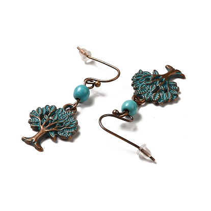 3 Pairs 3 Style Tree & Feather & Stone Shape Alloy Dangle Earrings Set, Resin Beaded Long Drop Earrings for Women
