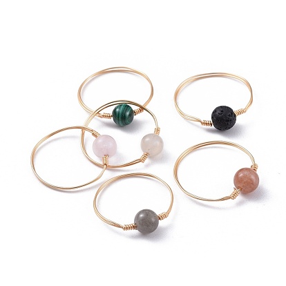 Natural Gemstone Finger Rings, with Brass Copper Jewelry Wire, Golden
