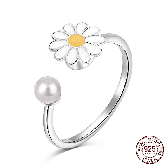 925 Sterling Silver Open Finger Rings, with Enamel & 925 Stamp for Women, Daisy Flower Anxiety Worry Fidget Spinner Ring, Real 18K Gold/Platinum Plated