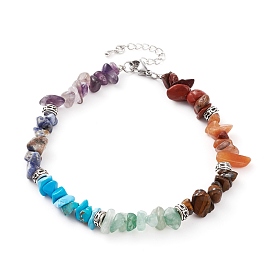 Chakra Jewelry, Chips Natural & Synthetic Gemstone Beads Anklets, with Alloy Beads and 304 Stainless Steel Lobster Claw Clasps, Antique Silver & Platinum