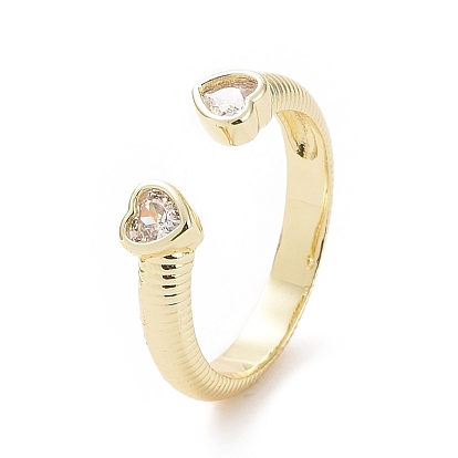 Clear Cubic Zirconia Double Heart Open Cuff Ring, Brass Jewelry for Valentine's Day