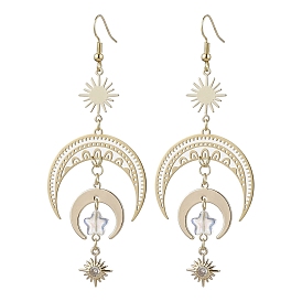 Moon & Sun Brass Dangle Earrings, Glass Star Long Drop Earrings