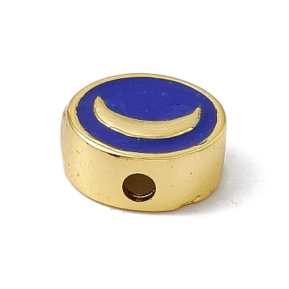 Real 18K Gold Plated Brass Enamel Beads, Long-Lasting Plated, Cadmium Free & Lead Free, Flat Round with Moon