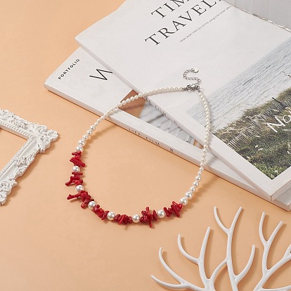 Dyed Synthetic Red Coral Chips & Natural Shell Pearl Graduated Beaded Necklaces for Women