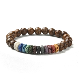 Dyed Natural Lava Rock Rondelle & Wooden Round Beaded Stretch Bracelet