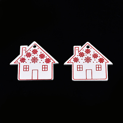 Christmas Spray Painted Wood Big Pendants, with Single-Sided Printed, House Charm with Snowflake Pattern