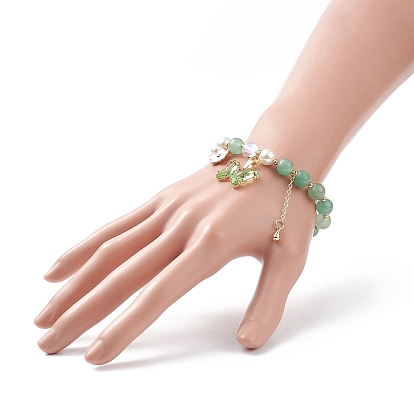 Round Natural Gemstone & Shell Pearl Beaded Stretch Bracelet, Glass Butterfly & Brass Flower Charms Bracelet for Women