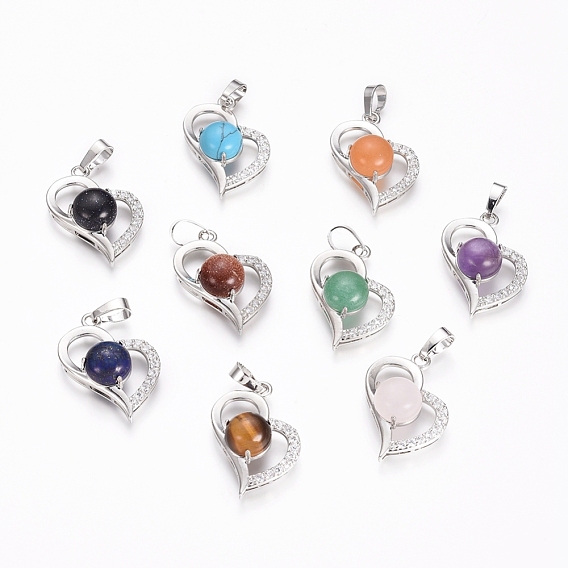 Gemstone Pendants, with Platinum Tone Brass Findings and Crystal Rhinestone, Heart