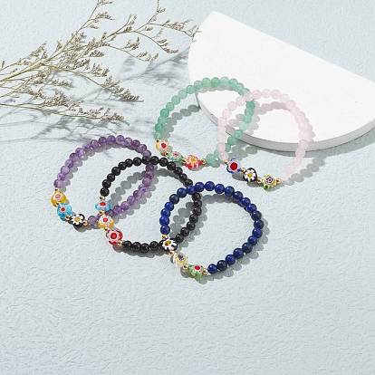 Natural Mixed Gemstone Beaded Bracelets, with Handmade Millefiori Glass Bead