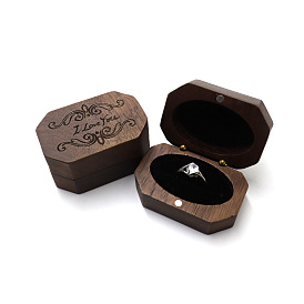Wooden Ring Storage Boxes, with Magnetic Flip Cover & Velvet Inside, Octagon with Word I Love You