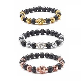 Electroplated Natural Lava Rock Round Beads Essential Oil Anxiety Aromatherapy Bracelets, Brass Rhinestone Beads Stretch Bracelets Set for Girl Women