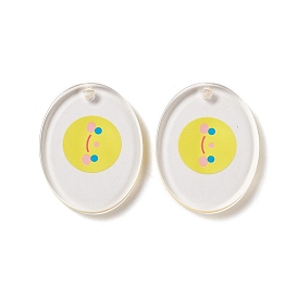 Transparent Acrylic Pendants, Oval with Smiling Face Pattern