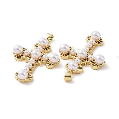 Colgantes de perlas de imitación de plástico, con fornituras de latón, cruz encanto
