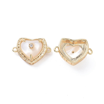 Natural Shell Connector Charms, Heart Links, with Brass Clear Cubic Zirconia Findings