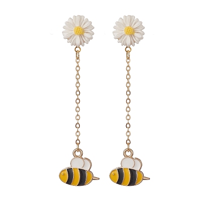 Alloy Enamel Bee with Resin Daisy Dangle Stud Earrings, 304 Stainless Steel Chain Tassel Earrings for Women