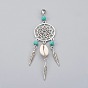 Synthetic Turquoise Alloy Woven Net/Web with Feather Pendant Decorations, with Cowrie Shell and 304 Stainless Steel Lobster Claw Clasps