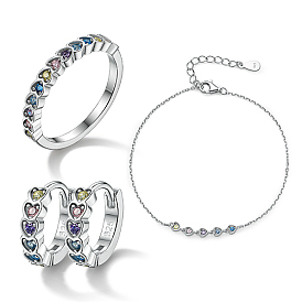 Серебряные кольца, браслеты и серьги-кольца с сердечками из родированного серебра, красочный комплект ювелирных изделий в форме сердца с кубическим цирконием, с печатью 925