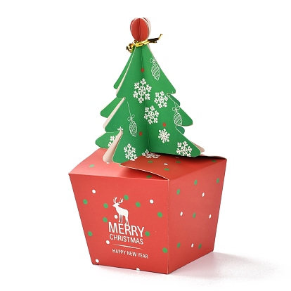 Christmas Theme Paper Fold Gift Boxes, with Iron Wire & Bell, for Presents Candies Cookies Wrapping