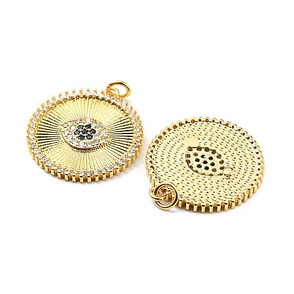 Rack Plating Brass Micro Pave Clear Cubic Zirconia Pendants, with Jump Ring, Long-Lasting Plated, Lead Free & Cadmium Free, Flat Round with Horse Eye Charm