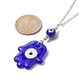 Transparent Handmade Lampwork Religion Hamsa Hand Pendant Necklaces, Blue Evil Eye Necklace with Brass Cable Chains