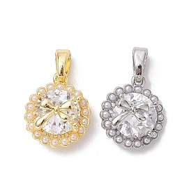 Brass Micro Pave Clear Cubic Zirconia Charms, with ABS Imitation Pearl, Flat Round