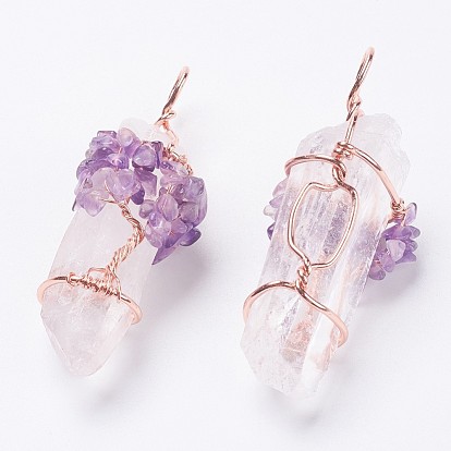 Natural Quartz Crystal Big Pointed Pendants, with Brass Findings, Bullet, Rose Gold