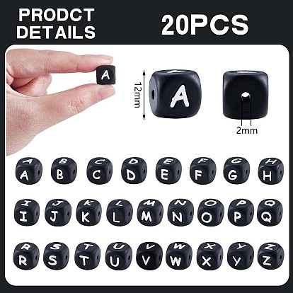 20 cuentas de silicona con letras cúbicas negras 12x12x12 cuentas cuadradas de alfabeto de dados mm con cuentas de letras sueltas con espaciador de agujeros 2 mm para hacer pulseras, collares y joyas