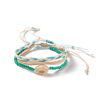 3Pcs 3 Style Natural Shell & Glass Braided Bead Bracelets Set, Adjustable Bracelets for Women
