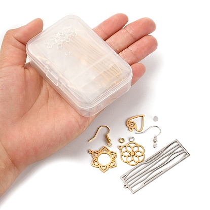 DIY Filigree Earring Making Kit, Including Flower & Rectangle & Heart 201 Stainless Steel Pendants, Brass Earring Hooks & Jump Ring, Plastic Ear Nuts