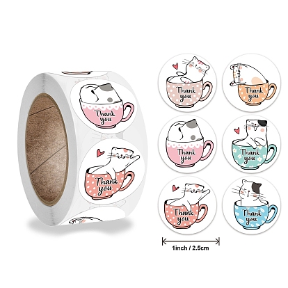 6 Style Thank You Stickers Roll, Round Paper Cat Pattern Adhesive Labels, Decorative Sealing Stickers for Christmas Gifts, Wedding, Party