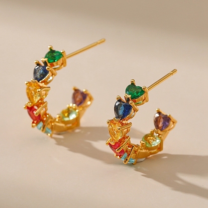 Boucles d'oreilles enveloppantes colorées en forme de cœur avec zircons cubiques, boucles d'oreilles demi-créoles en laiton pour femmes