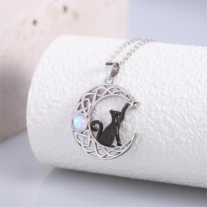 Black Cat Moonstone Necklace Black Cat on the Moon Pendant Necklace Cute Lucky Cat Necklace Jewelry Gifts for Women Cat Lovers