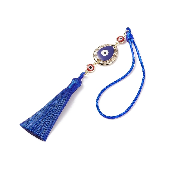 CCB Plastic Teardrop Pendant Decorations, with Brass Enamel Evil Eye Link, Polyester Tassel, Nylon Rope, for Women's Bag, Car Interior Decoration