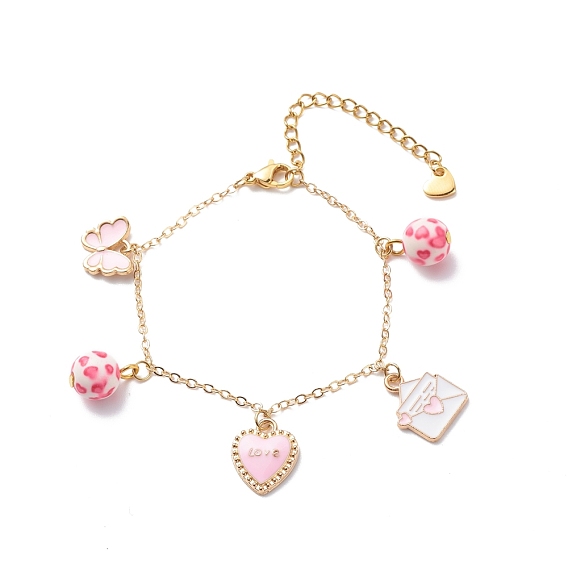 Mot amour coeur papillon alliage émail bracelet à breloques avec perles de résine, bijoux thème saint valentin pour femme