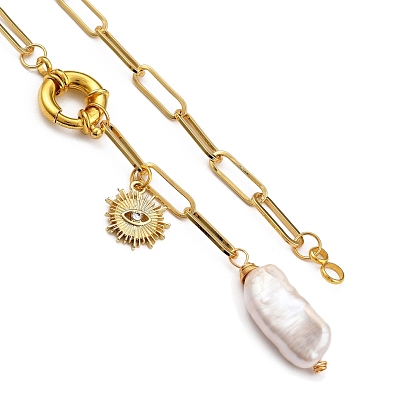 Ожерелья лариат с жемчугом кеши и натуральным жемчугом в стиле барокко, с латунными пружинными кольцами и подвеской из сплава со стразами, плоские круглые и солнечные и овальные