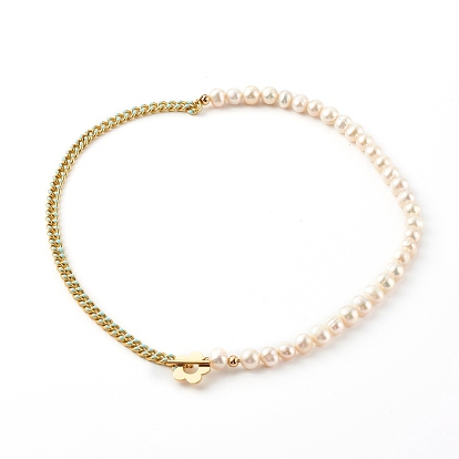 Brass Enamel Curb Chain Necklaces, with Round Natural Pearl Beads and Toggle Clasps, Real 18K Gold Plated