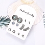 6 Pairs 6 Style Leaf & Flat Round & Flower Glass Stud Earrings, Alloy Jewelry for Women