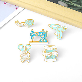 Adorable Sewing-themed Brooch Set: Scissors, Cartoon Sewing Machine & Tape Measure Pins in Alloy with Oil Droplets