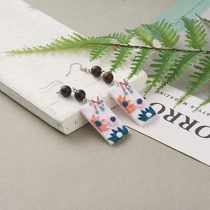 Polymer Clay Dangle Earrings, with Natural Wood Round Beads and 316 Surgical Stainless Steel Earring Hooks, Rectangle with Flower