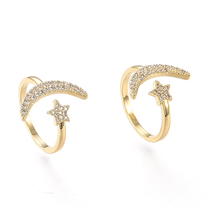 Brass Micro Pave Clear Cubic Zirconia Cuff Rings, Open Rings, Long-Lasting Plated, Star with Moon