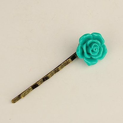 Épingles à cheveux à cheveux de fer, avec cabochons de résine, fleur rose, 55mm